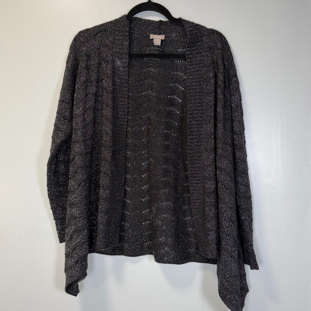 Chicos Metallic Pointelle Knit Cardigan Sweater Black Silver‎ Open Front Size  M